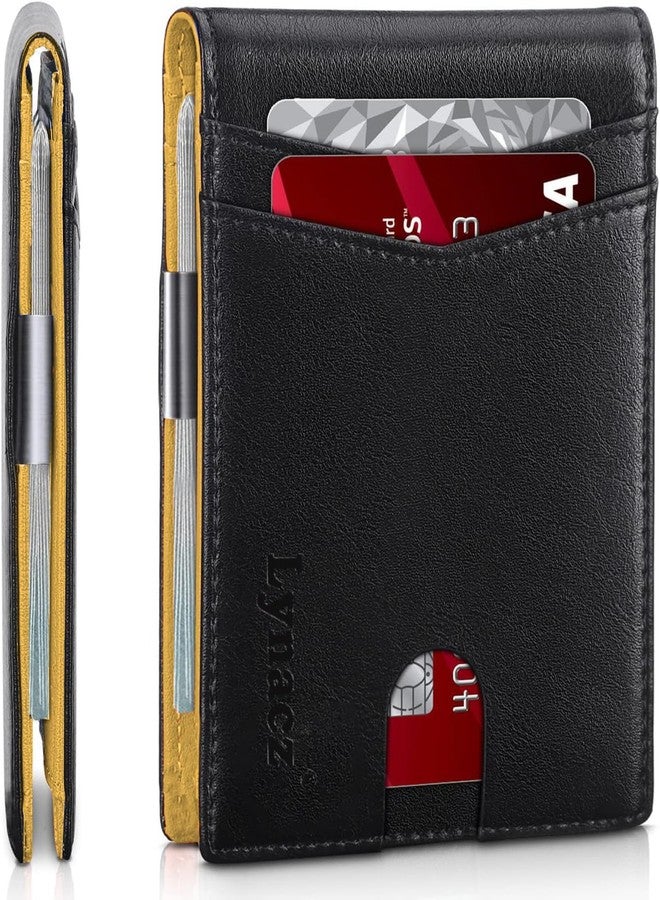 Lynacz Original Stylish Mens Slim Wallet 12 Card Slots ID Window Money Clip PU Leather Bifold Wallet Compact and Thin Ideal Gift for Dad Husband Boyfriend Birthday Present in Gift Box Black & Yellow - Image 1