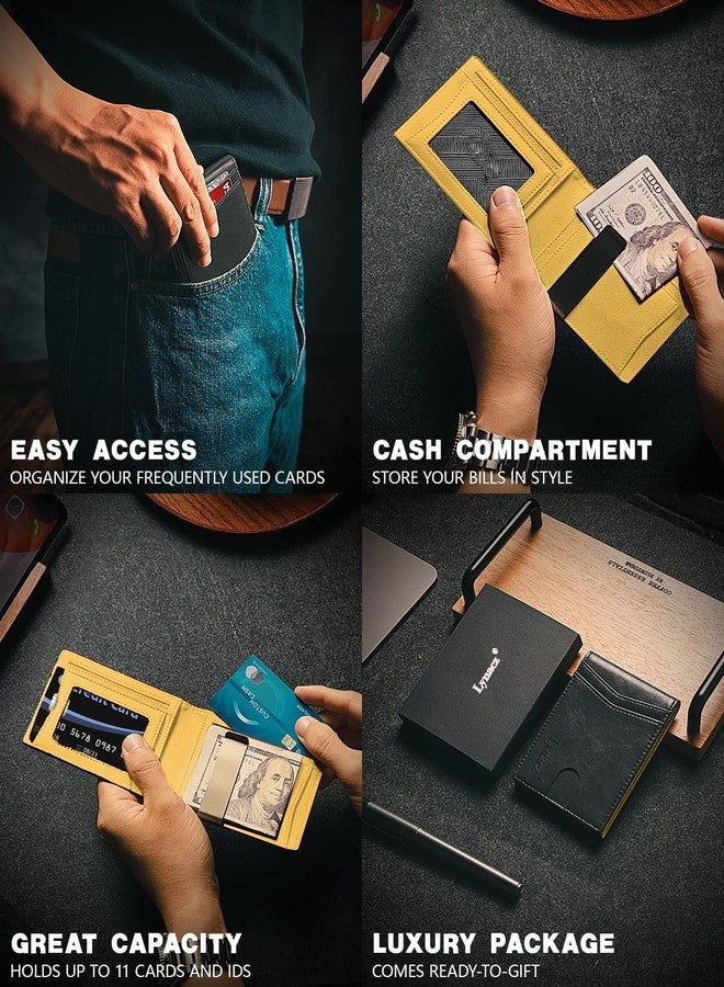 Lynacz Original Stylish Mens Slim Wallet 12 Card Slots ID Window Money Clip PU Leather Bifold Wallet Compact and Thin Ideal Gift for Dad Husband Boyfriend Birthday Present in Gift Box Black & Yellow - Image 2