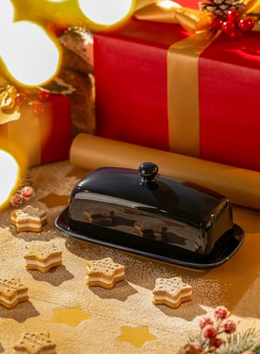 Sweese طبق زبدة سويسي مع غطاء، حافظة زبدة من البورسلين، 7.8 بوصة حاملة زبدة مع غطاء بمقبض، حاوية زبدة مثالية لزبدة الساحل الشرقي والغربي، أزرق داكن - Image 3