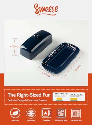 Sweese طبق زبدة سويسي مع غطاء، حافظة زبدة من البورسلين، 7.8 بوصة حاملة زبدة مع غطاء بمقبض، حاوية زبدة مثالية لزبدة الساحل الشرقي والغربي، أزرق داكن - Image 2