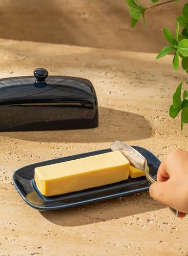 Sweese طبق زبدة سويسي مع غطاء، حافظة زبدة من البورسلين، 7.8 بوصة حاملة زبدة مع غطاء بمقبض، حاوية زبدة مثالية لزبدة الساحل الشرقي والغربي، أزرق داكن - Image 5