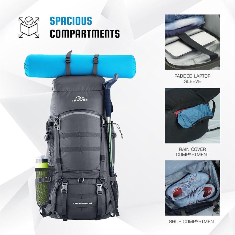 Trawoc TRIUMPH X 75 L Camping Backpack Trekking Hiking Ruckssack Travel Bag Front & Top Loading Laptop/Rain Cover/Shoe Compartment - Image 2