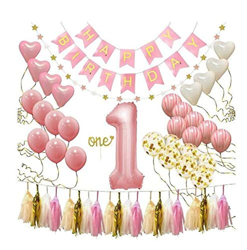 SKEIDO First Birthday Decorations for Girl 1st Baby Girl Number 1 Balloon One Cake Topper Happy Birthday Banner Star Garland Marble Pink Gold Confetti Heart balloons Paper Tassels Party - Image 1