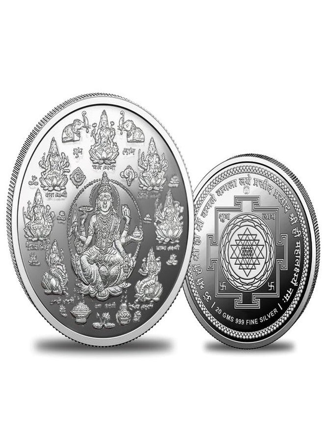 Silviya BIS Hallmarked Ashta Lakshmi Yantra 999 Pure Silver Coin (20 Gram) Round Shape: Puja Gift - Diwali Blessing - Prosperity & Abundance - Religious Coin - Image 1