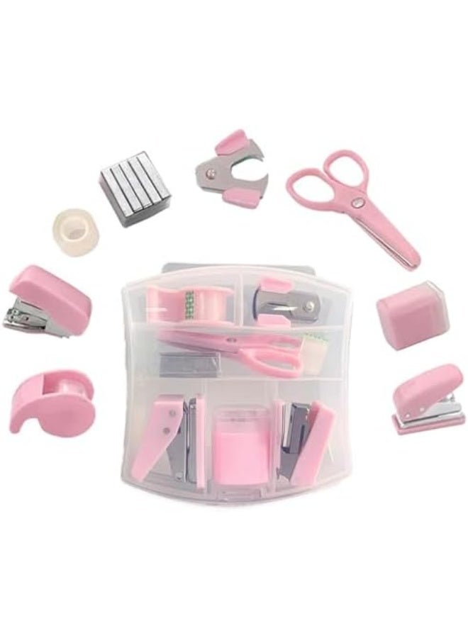 8 Pack Mini Office Supply Kit– Portable Pink Stationery Set with Scissors, Tape Dispenser, Punch, Pencil Sharpener, Mini Stapler, Compact for School, Home & Office - Image 1