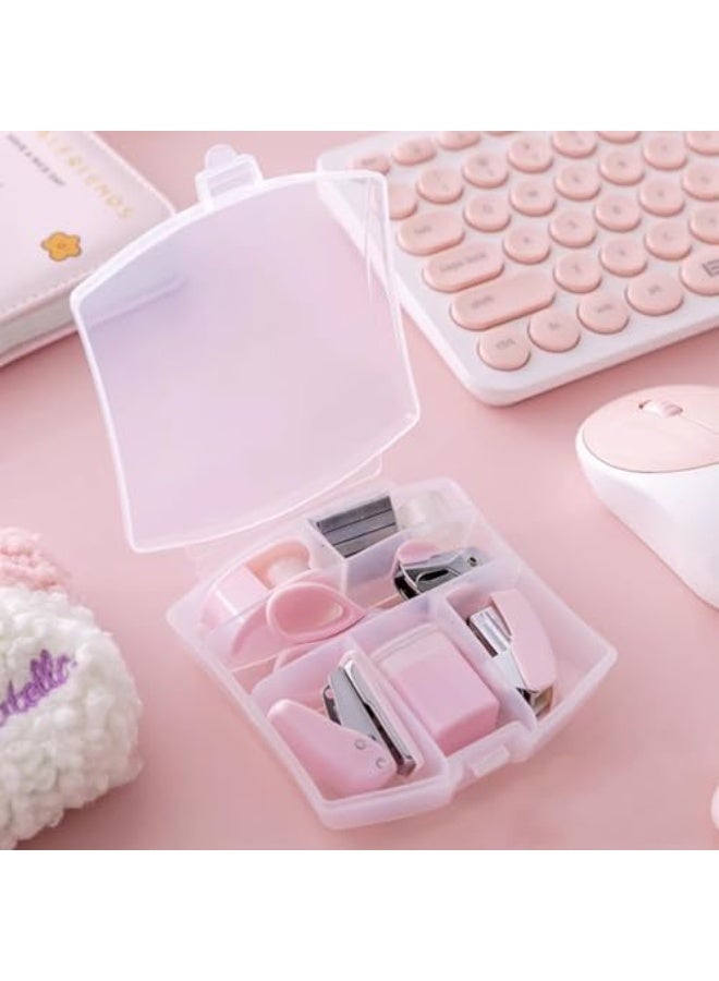 8 Pack Mini Office Supply Kit– Portable Pink Stationery Set with Scissors, Tape Dispenser, Punch, Pencil Sharpener, Mini Stapler, Compact for School, Home & Office - Image 3