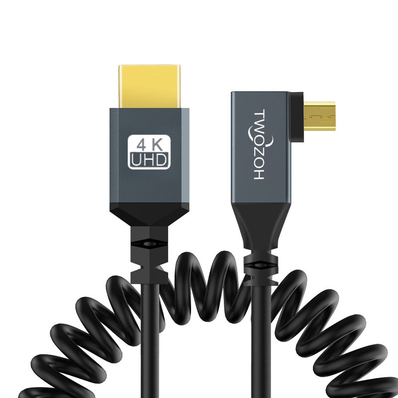 Twozoh Left Angled Coiled Micro HDMI to HDMI Cable, Micro HDMI to HDMI Coiled Cable 90Â°Degree Stretched Length 30cm to 150cm - Supports 3D/4K 1080p(5FT) - Image 2