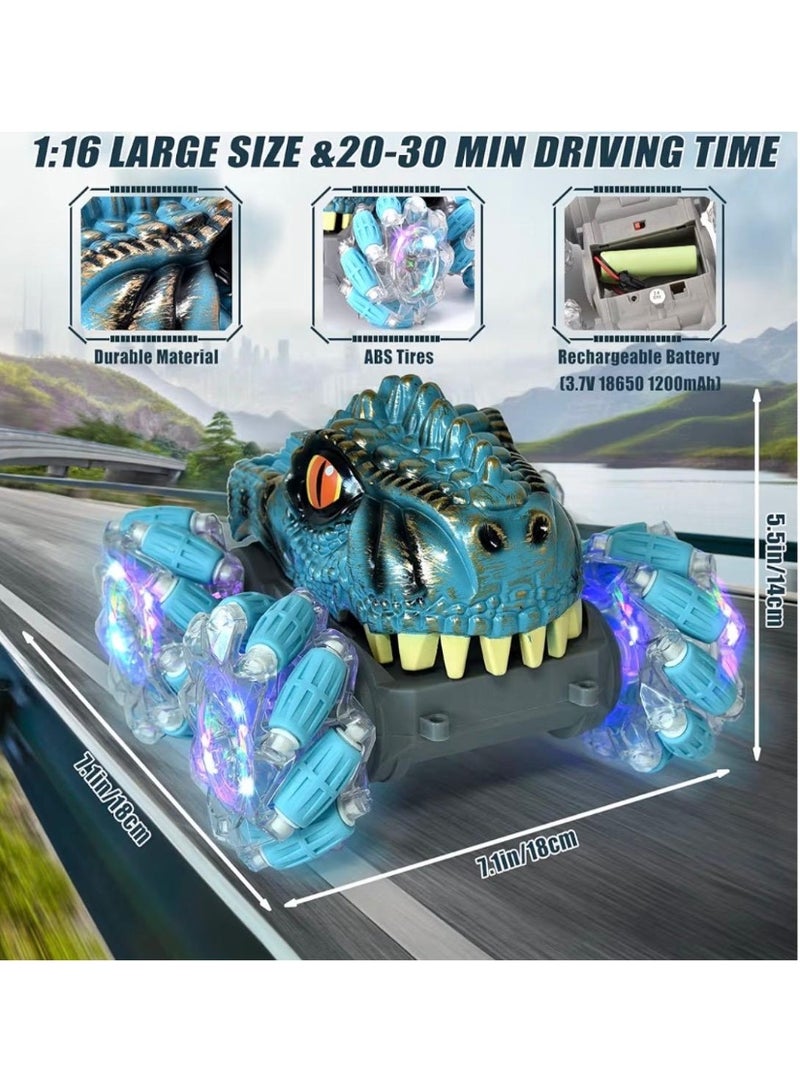 توي لاند سيارة ديناصور حركات بهلوانية تعمل بجهاز تحكم عن بعد مزودة بأضواء LED وموسيقى ودوران 360 درجة - لعبة تحكم عن بعد بتردد 2.4 جيجاهرتز، 13 قناة، قابلة لإعادة الشحن عبر منفذ USB - لون أخضر - Image 5