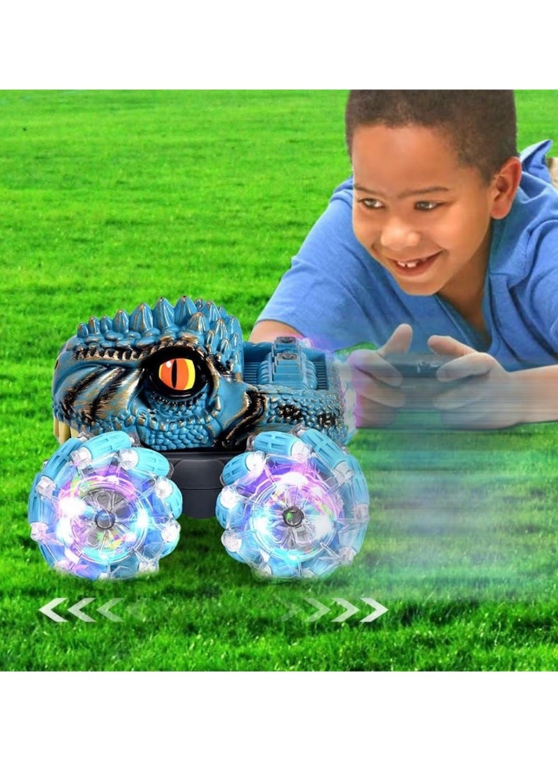 توي لاند سيارة ديناصور حركات بهلوانية تعمل بجهاز تحكم عن بعد مزودة بأضواء LED وموسيقى ودوران 360 درجة - لعبة تحكم عن بعد بتردد 2.4 جيجاهرتز، 13 قناة، قابلة لإعادة الشحن عبر منفذ USB - لون أخضر - Image 4