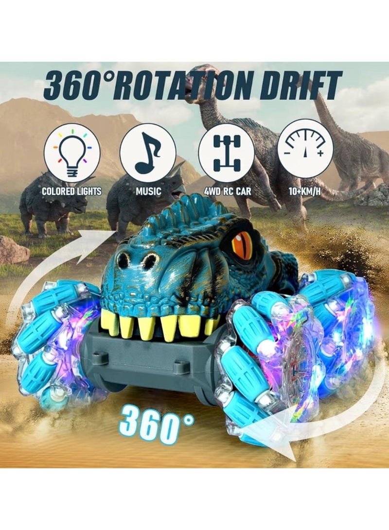 توي لاند سيارة ديناصور حركات بهلوانية تعمل بجهاز تحكم عن بعد مزودة بأضواء LED وموسيقى ودوران 360 درجة - لعبة تحكم عن بعد بتردد 2.4 جيجاهرتز، 13 قناة، قابلة لإعادة الشحن عبر منفذ USB - لون أخضر - Image 2