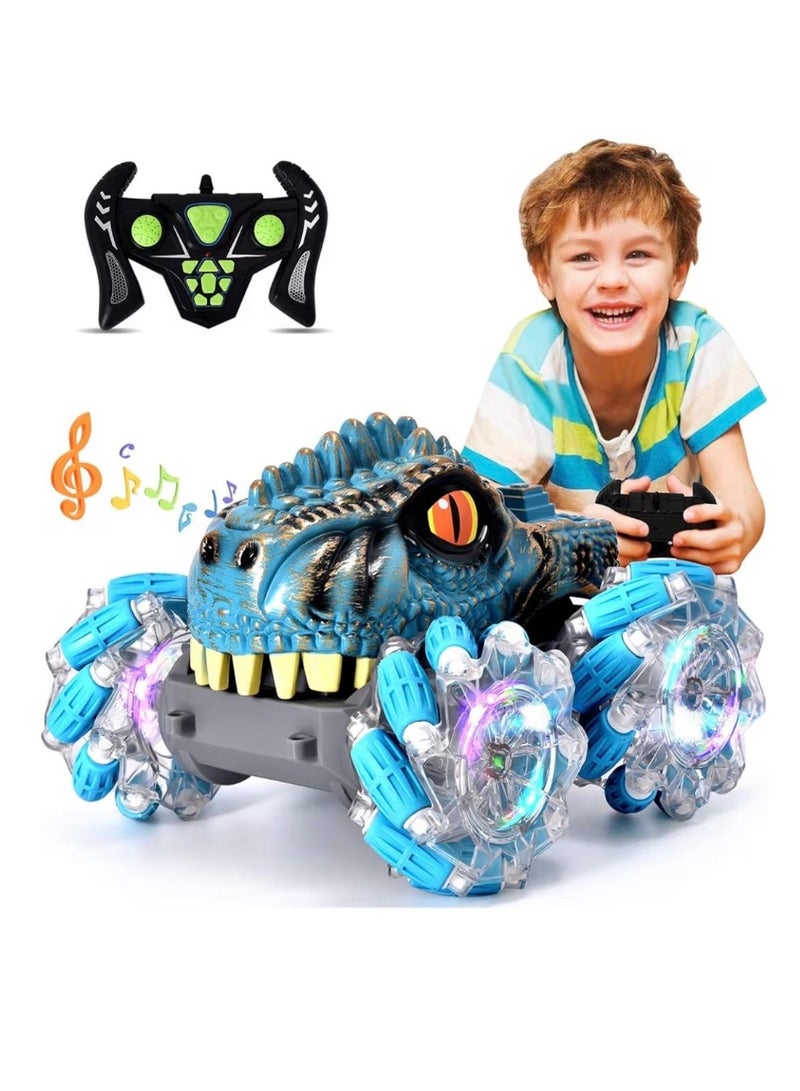 توي لاند سيارة ديناصور حركات بهلوانية تعمل بجهاز تحكم عن بعد مزودة بأضواء LED وموسيقى ودوران 360 درجة - لعبة تحكم عن بعد بتردد 2.4 جيجاهرتز، 13 قناة، قابلة لإعادة الشحن عبر منفذ USB - لون أخضر - Image 1