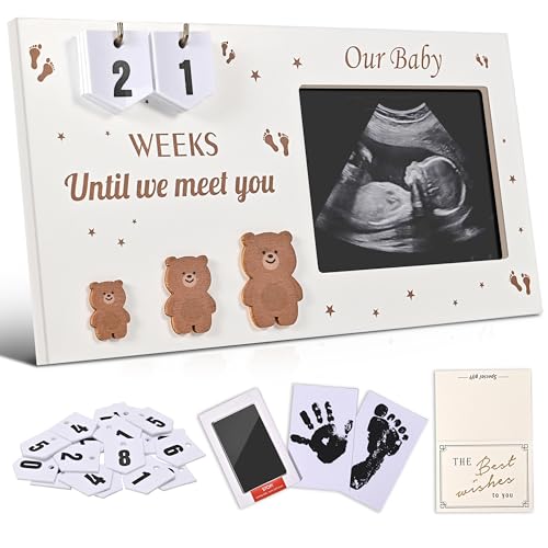 DACO MIN Pregnancy Countdown Sonogram Picture Frame with Number Cards & Newborn Handprint Kit – Bear-Themed Ultrasound Keepsake Gift for Expecting Parents & Grandparent Reveal (Brown) - Image 1