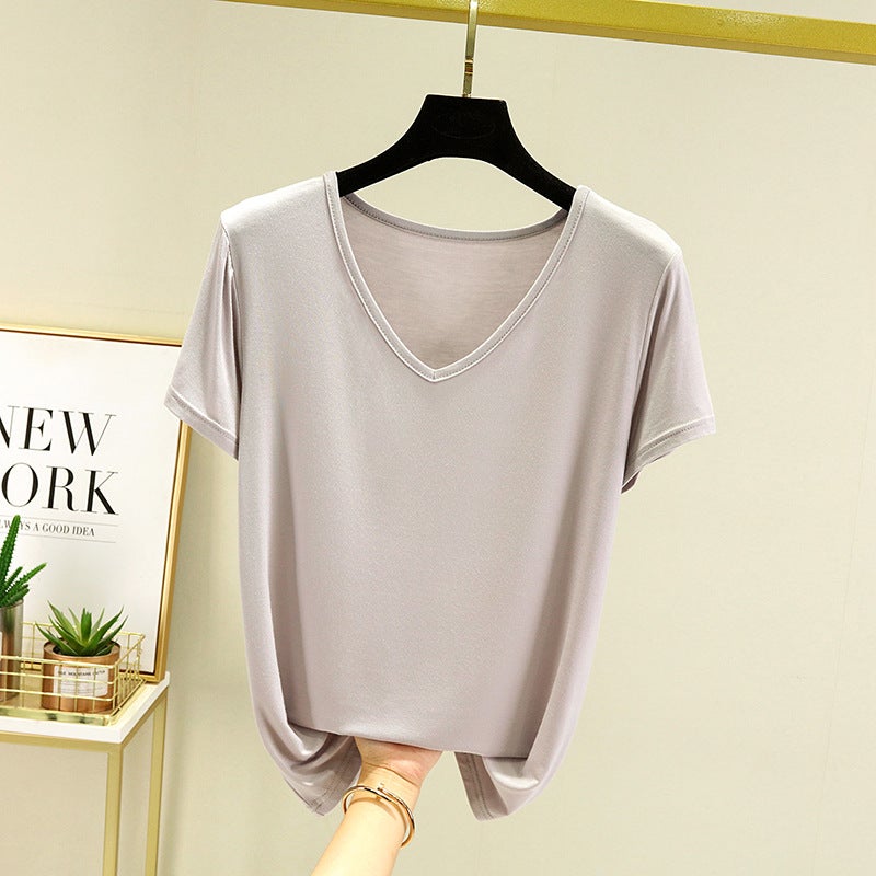 Modal Short-Sleeved T-Shirt Women'S Summer Plus Size Loose V-Neck Base Shirt Outer Wear Thin Inner Casual All-Match Top - Image 1