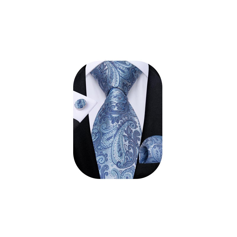 DiBanGu Light Blue Ties for Men Paisley Necktie Silk Jacquard Woven Pocket Square Cufflinks Wedding Ties for Tuxedo - Image 1