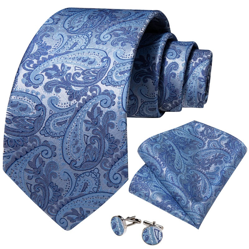 DiBanGu Light Blue Ties for Men Paisley Necktie Silk Jacquard Woven Pocket Square Cufflinks Wedding Ties for Tuxedo - Image 4