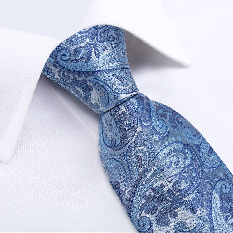 DiBanGu Light Blue Ties for Men Paisley Necktie Silk Jacquard Woven Pocket Square Cufflinks Wedding Ties for Tuxedo - Image 5