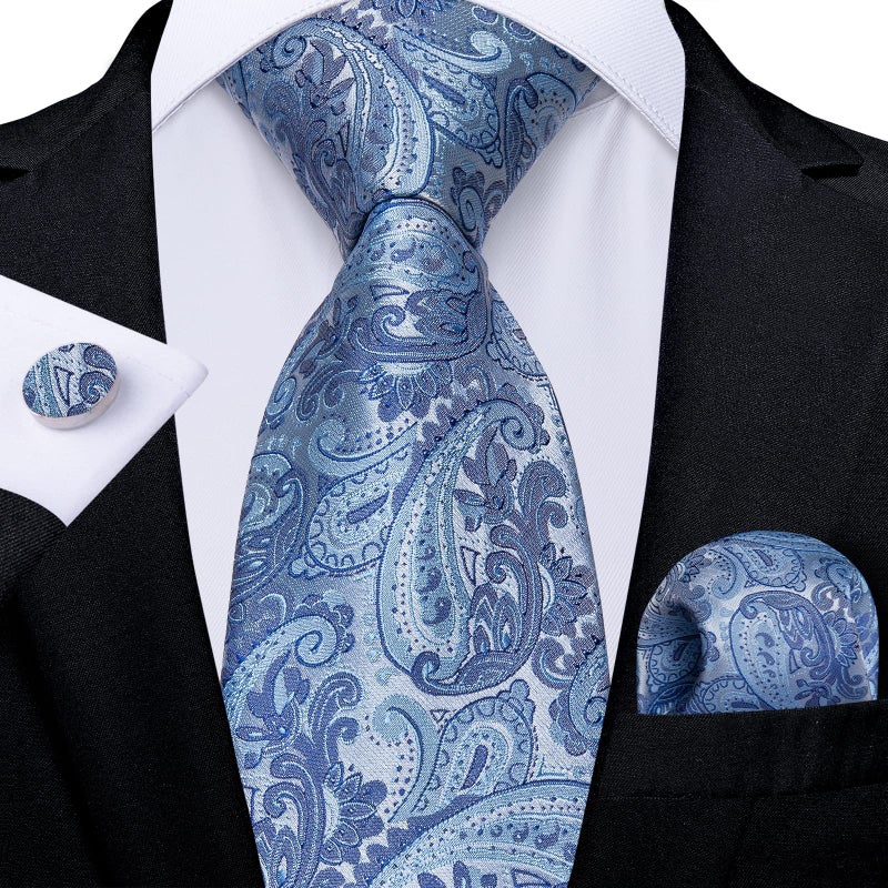 DiBanGu Light Blue Ties for Men Paisley Necktie Silk Jacquard Woven Pocket Square Cufflinks Wedding Ties for Tuxedo - Image 2