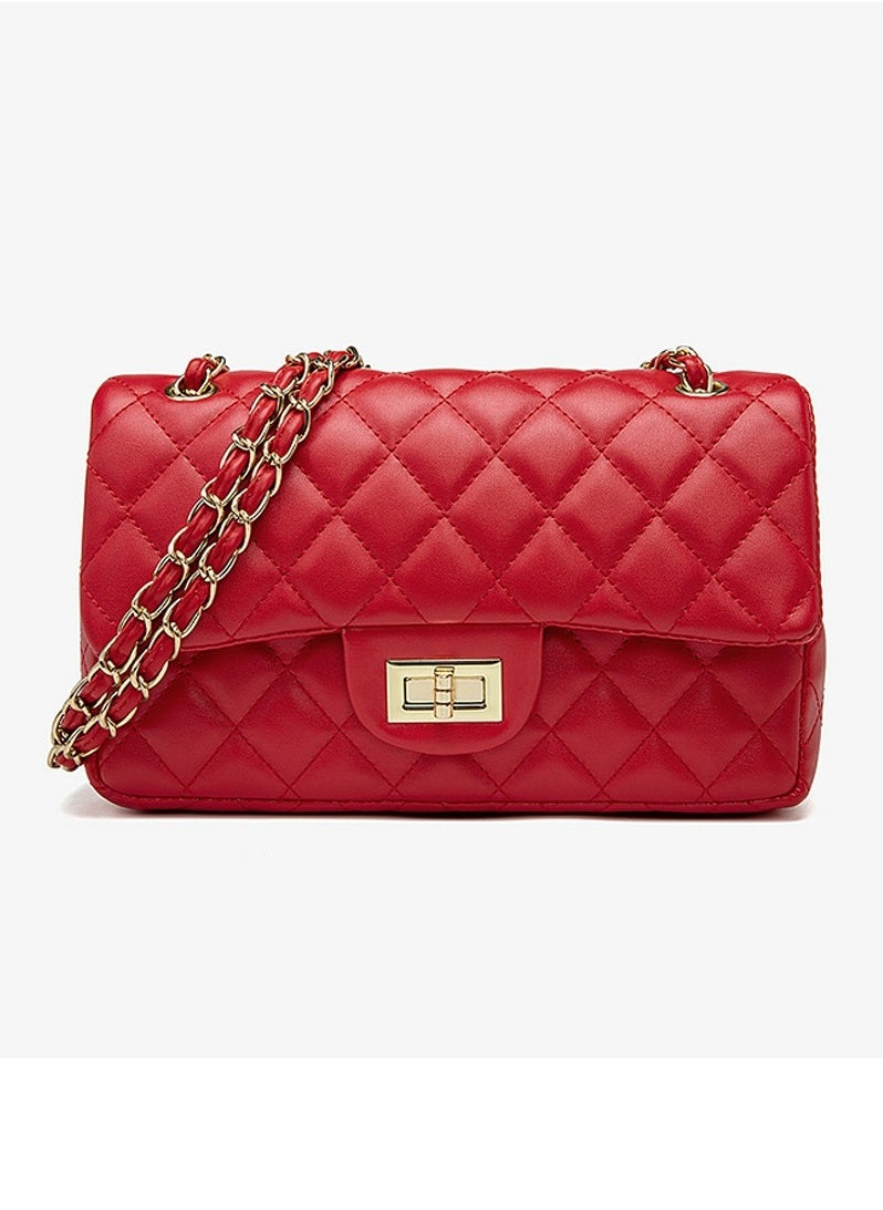 Loquat Womens Trendy Crossbody Bag Diamond Grid Patterned Shoulder Handbag With Chain Strap Red  - Image 1