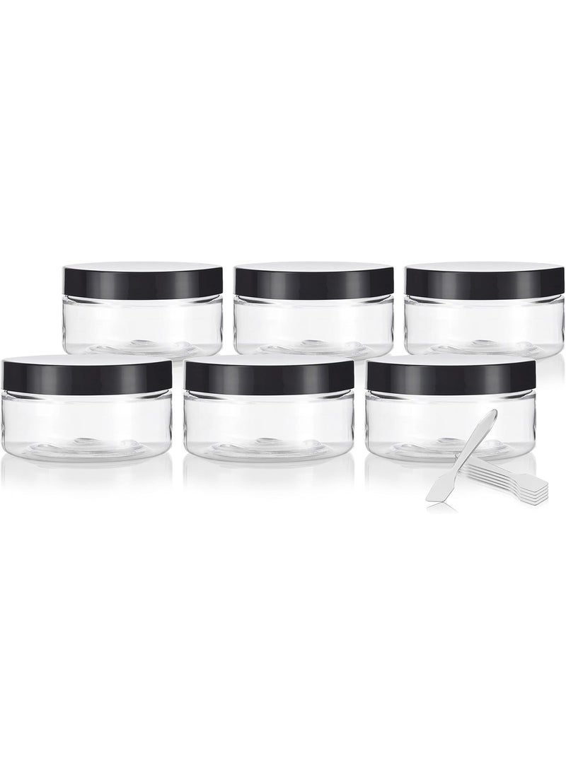JUVITUS (6 Pack) 8 oz Clear Plastic Jar Shallow Low Profile with Black Smooth Lids + Spatulas 