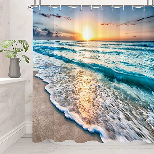 GCIREC Ocean Beach Shower Curtain, Summer Tropical Ocean Waves Sunset Coastal Hawaii Cool Sea Seaside Scene Island Bathroom Curtain Waterproof Fabric Machine Washable with 12 Hooks - Image 1
