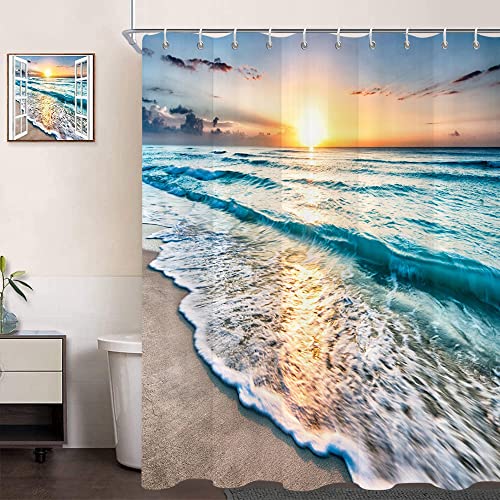 GCIREC Ocean Beach Shower Curtain, Summer Tropical Ocean Waves Sunset Coastal Hawaii Cool Sea Seaside Scene Island Bathroom Curtain Waterproof Fabric Machine Washable with 12 Hooks - Image 2