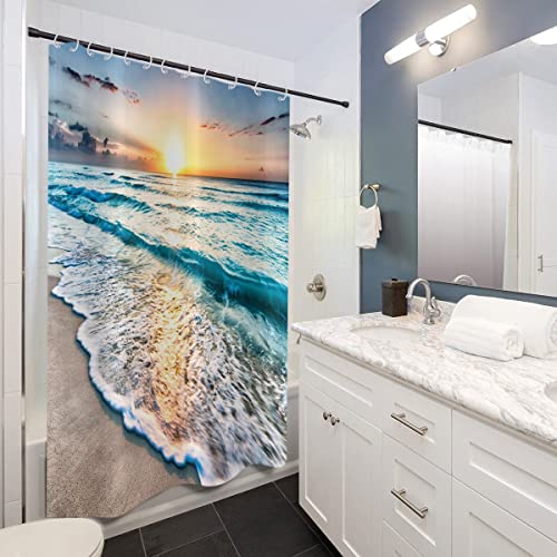 GCIREC Ocean Beach Shower Curtain, Summer Tropical Ocean Waves Sunset Coastal Hawaii Cool Sea Seaside Scene Island Bathroom Curtain Waterproof Fabric Machine Washable with 12 Hooks - Image 3