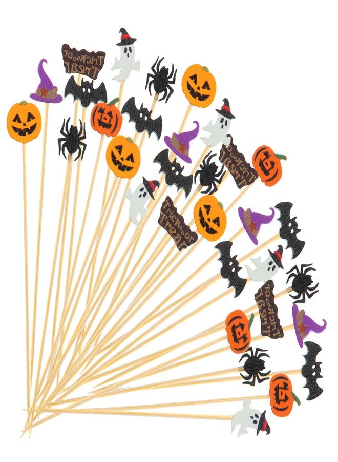 Jocomoni 70Pcs Halloween Cocktail Picks, Pumpkin Spider Bat Ghost Bamboo Toothpicks Cocktail Sticks for Appetizers Fruit Food Drink Cake Halloween Party Decoration - Image 1