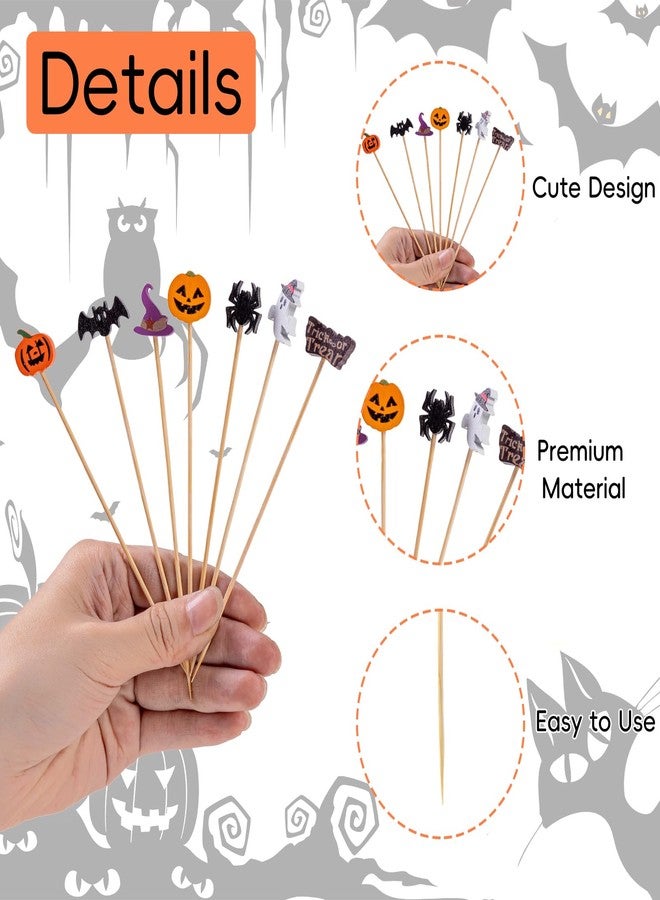 Jocomoni 70Pcs Halloween Cocktail Picks, Pumpkin Spider Bat Ghost Bamboo Toothpicks Cocktail Sticks for Appetizers Fruit Food Drink Cake Halloween Party Decoration - Image 3