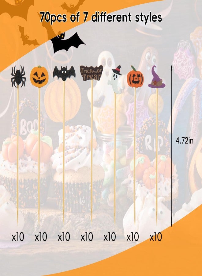 Jocomoni 70Pcs Halloween Cocktail Picks, Pumpkin Spider Bat Ghost Bamboo Toothpicks Cocktail Sticks for Appetizers Fruit Food Drink Cake Halloween Party Decoration - Image 2