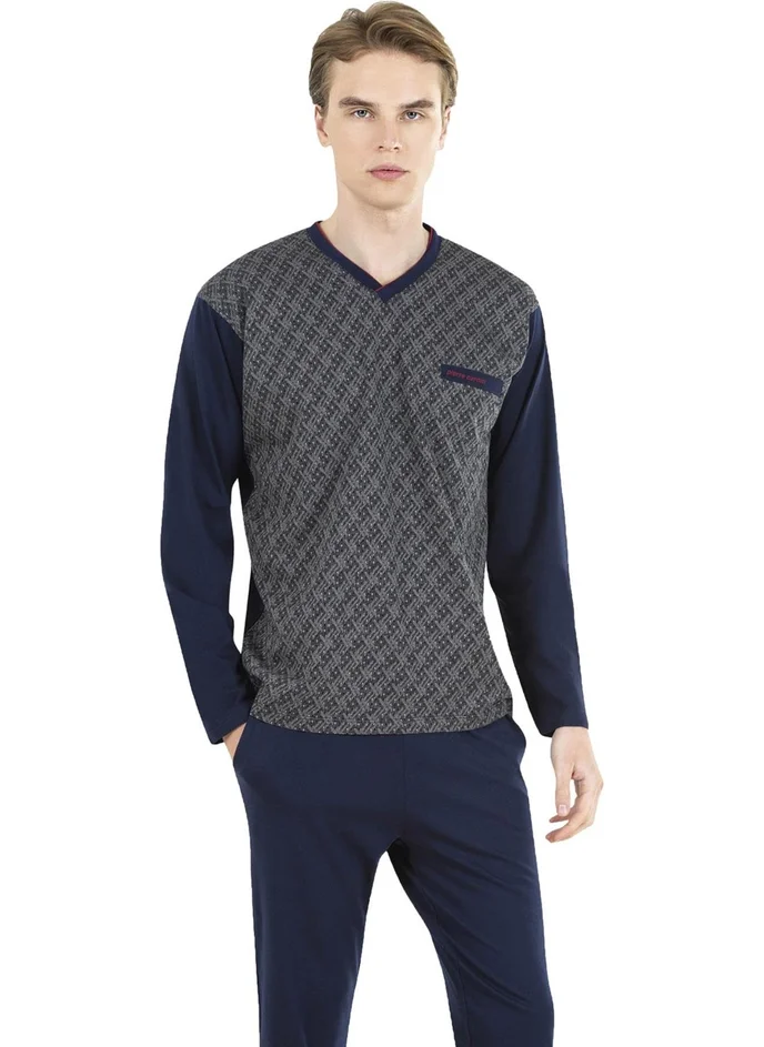 بيير كاردان 100% Cotton V Neck Men's Pajama Set, Jacquard, Long Sleeve, Boxed