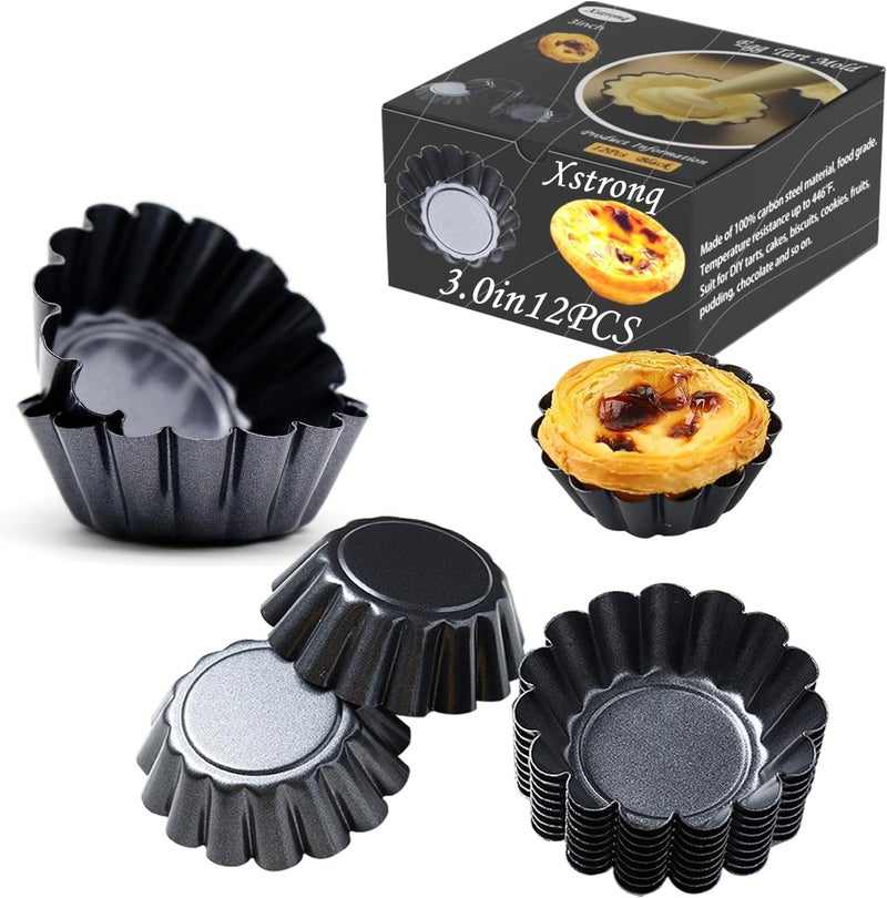 Xstronq Egg Tart Molds 12PCS Tart Pan 3inch, Mini Carbon Steel Non Stick Tart Pans, Tart Molds For Baking (3 inch) - Image 1