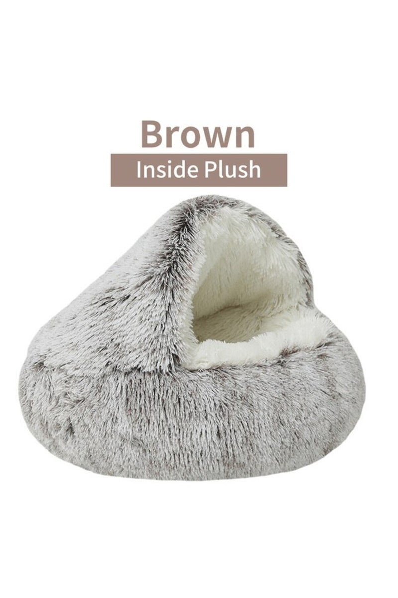 سرير قطط ناعم بني اللون من الداخل، مقاس 40×40 سم، مع غطاء، سرير دائري دافئ للقطط والكلاب.