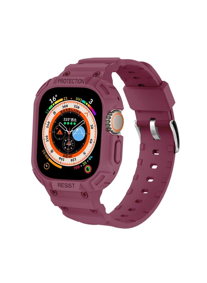 BURAQ Protective Cover For Apple Watch Ultra 49mm JUNSUNMAY Integrated TPU Case Adjustable Elastic Watch Band(Purplish Red)
