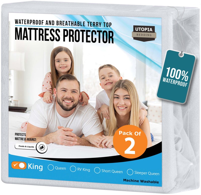 Utopia Bedding Waterproof Mattress Protector King Size 2 Pack 200 GSM Breathable Terry Mattress Cover Fitted Style with Stretchable Pockets White