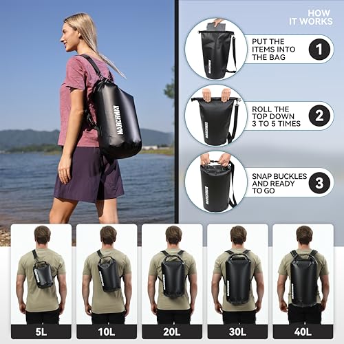 MARCHWAY Floating Waterproof Dry Bag Backpack 5L/10L/20L/30L/40L, Roll Top Sack Keeps Gear Dry for Kayaking, Rafting, Boating, Swimming, Camping, Hiking, Beach, Fishing (Black, 20L) - Image 4
