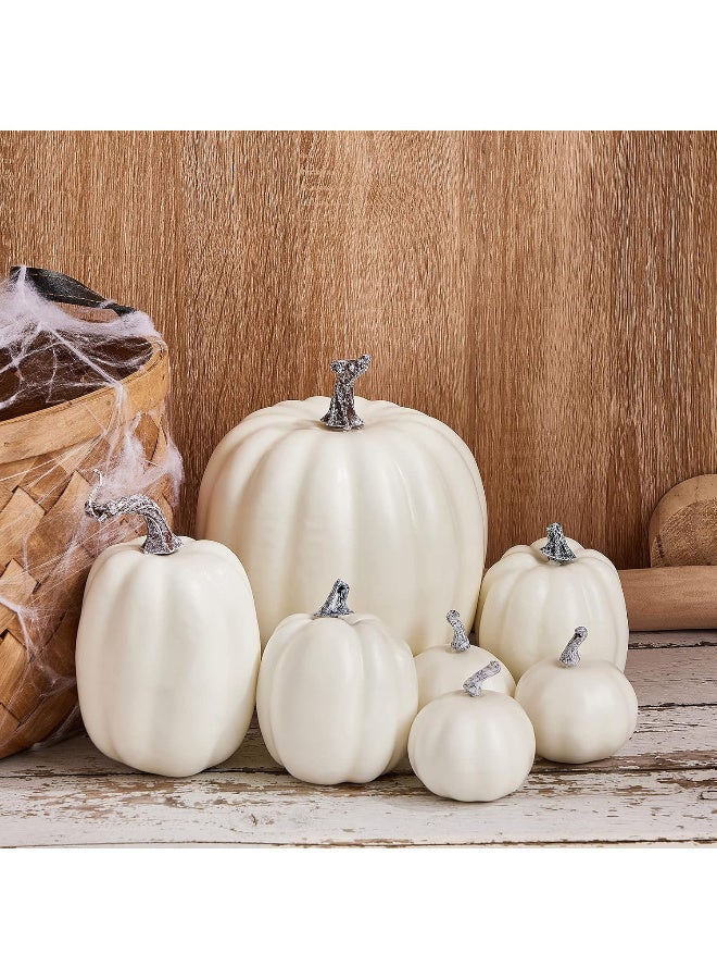 HI-FINE 7PCS Thanksgiving White Pumpkin Decorations Various Sizes Pumpkin Decorations Artificial Pumpkins Fall Autumn Decor, Suitable for Fall Harvest, Thanksgiving Party Indoor and Outdoor Decoration - Image 4