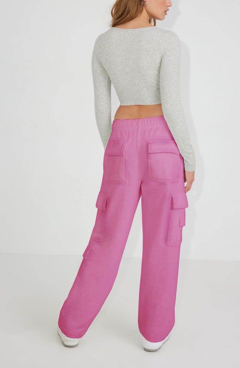 Waitfairy Cargo Sweatpants for Women - Straight Leg Fleece Lined Joggers Women Barrel Sweat Pants for Girls Y2k Clothes Hot Pink S - Image 5