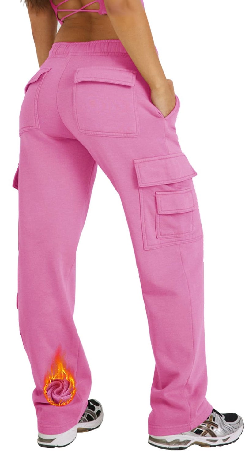 Waitfairy Cargo Sweatpants for Women - Straight Leg Fleece Lined Joggers Women Barrel Sweat Pants for Girls Y2k Clothes Hot Pink S - Image 1