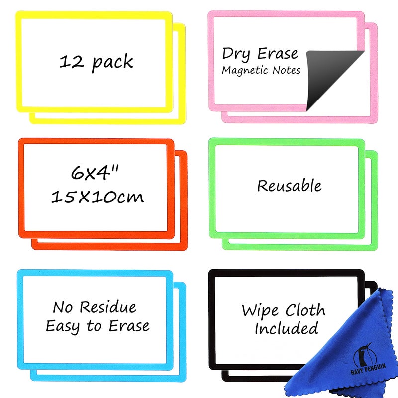 Navy Penguin Dry Erase Magnets Set - 12 Pack - 6x4 in Whiteboard Magnetic Planning Pads Labels - Small White Board Magnet Strips Name Tags for Home, Office and Classroom - Image 1