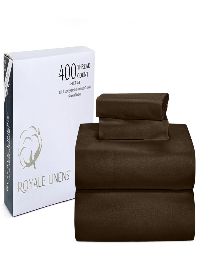 ROYALE LINENS 400 Thread Count 100% American Grown Cotton 3 Piece Sateen Twin Sheet Set - 1 Fitted, 1 Flat Sheet & Pillow case - Chocolate Bedsheet Set - Cooling Cotton Sheets - (Twin, Hazel Nut) - Image 1