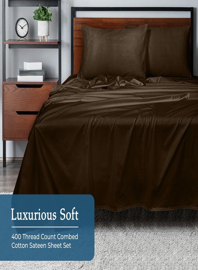 ROYALE LINENS 400 Thread Count 100% American Grown Cotton 3 Piece Sateen Twin Sheet Set - 1 Fitted, 1 Flat Sheet & Pillow case - Chocolate Bedsheet Set - Cooling Cotton Sheets - (Twin, Hazel Nut) - Image 3