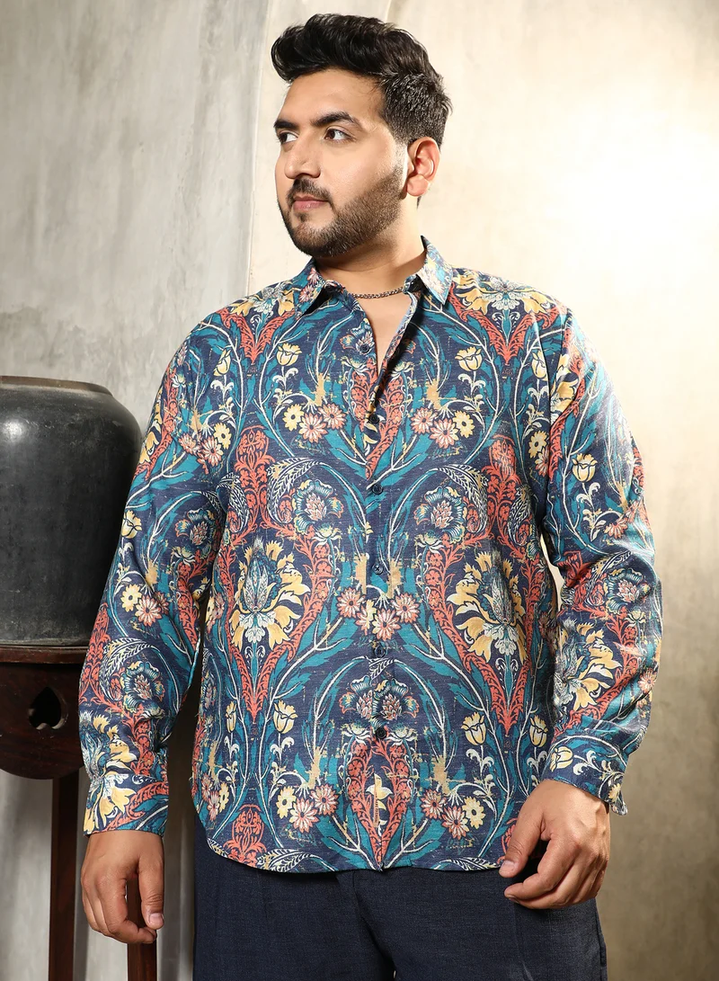 Instafab Plus Instafab Plus Men's Aegean Blue Floral-Opulance Shirt For Casual Wear | Spread Collar | Long Cuffed Sleeves | Button Closure | Plus Size Shirt Crafted With Comfort Fit For Everyday Wear
