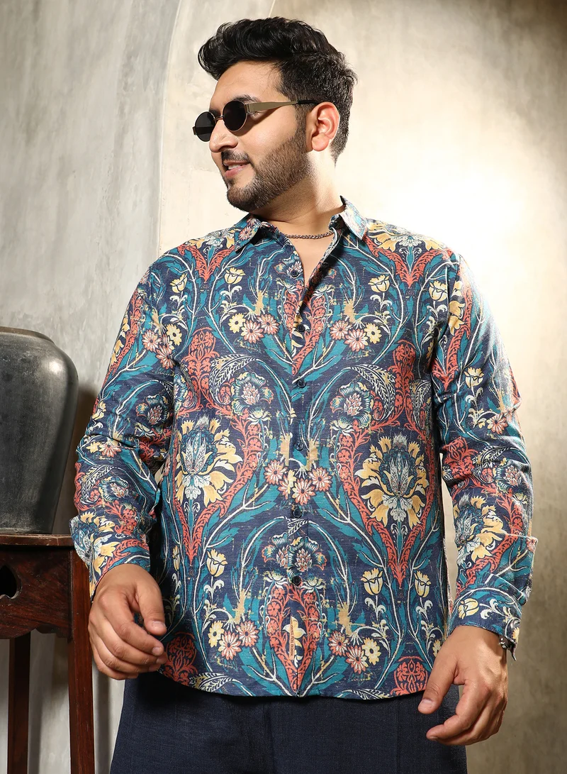 Instafab Plus Instafab Plus Men's Aegean Blue Floral-Opulance Shirt For Casual Wear | Spread Collar | Long Cuffed Sleeves | Button Closure | Plus Size Shirt Crafted With Comfort Fit For Everyday Wear