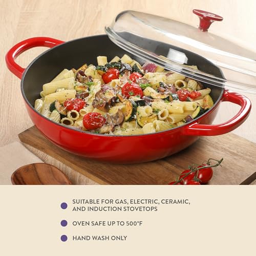 Crock-Pot Crock Pot Artisan 5-Quart Enameled Cast Iron Braiser Pan With Oven Safe Borosilicate Glass Lid, Everyday Covered Skillet for Searing, Roasting, and Baking, Red - Image 4