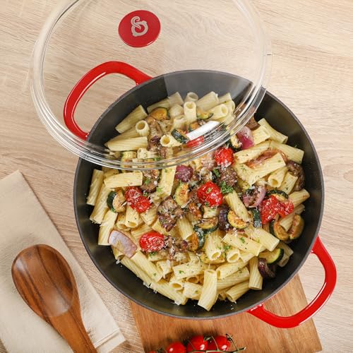 Crock-Pot Crock Pot Artisan 5-Quart Enameled Cast Iron Braiser Pan With Oven Safe Borosilicate Glass Lid, Everyday Covered Skillet for Searing, Roasting, and Baking, Red - Image 5
