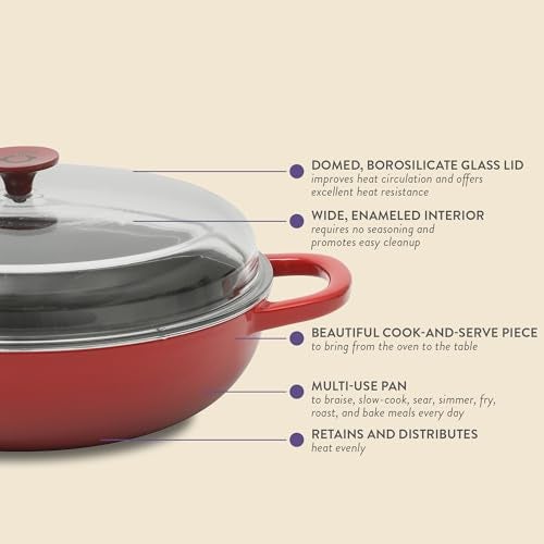 Crock-Pot Crock Pot Artisan 5-Quart Enameled Cast Iron Braiser Pan With Oven Safe Borosilicate Glass Lid, Everyday Covered Skillet for Searing, Roasting, and Baking, Red - Image 3