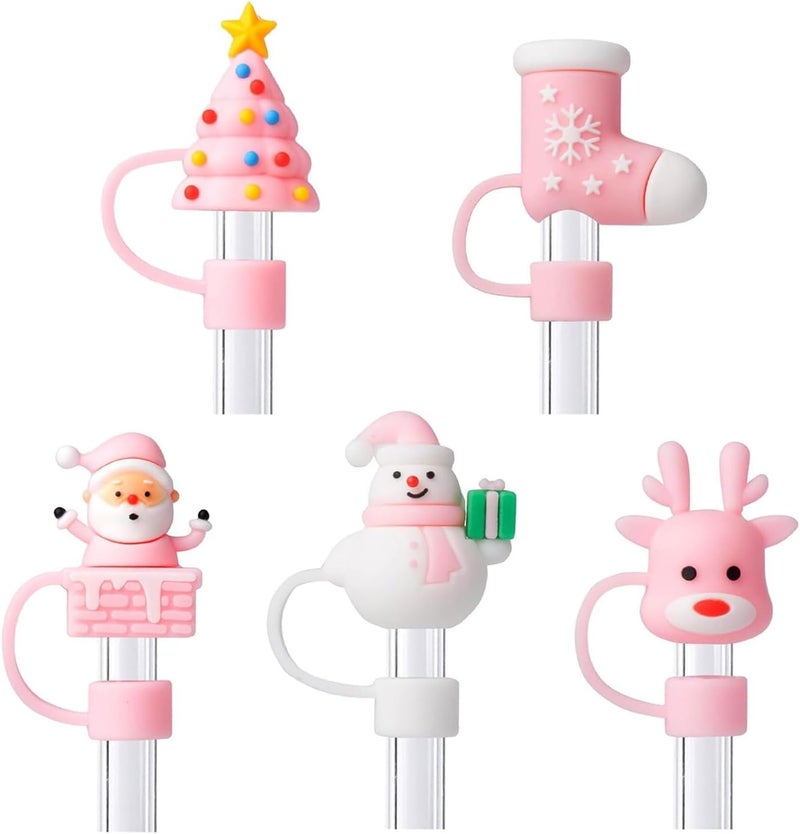 LYLYNB 5Pcs Christmas Straw Toppers 10mm Pink Straw Cover Cap Reusable Silicone Straw Topper Christmas Tree Snowman Reindeer Cute Design Drinking Straw Covers Xmas Straw Lids Protectors Holiday Party Decor - Image 1