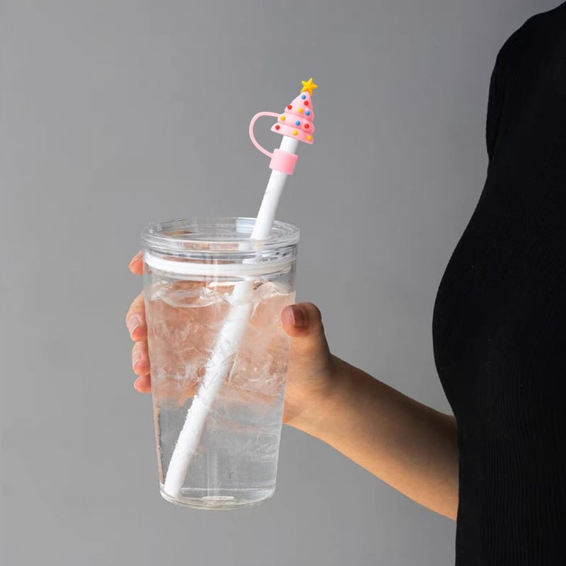 LYLYNB 5Pcs Christmas Straw Toppers 10mm Pink Straw Cover Cap Reusable Silicone Straw Topper Christmas Tree Snowman Reindeer Cute Design Drinking Straw Covers Xmas Straw Lids Protectors Holiday Party Decor - Image 2