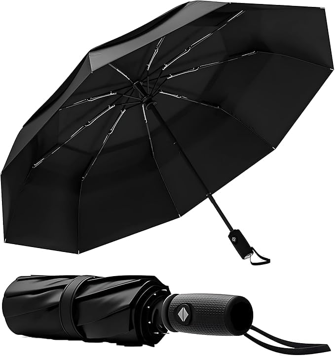 LACOSSI UV Umbrella with Novelty Carabiner Handle, Travel Umbrellas for Rain and Sun Windproof Compact, Automatic Open Close, 8 Ribs, Portable Umbrella for Men and Women (L- Black) - Image 1
