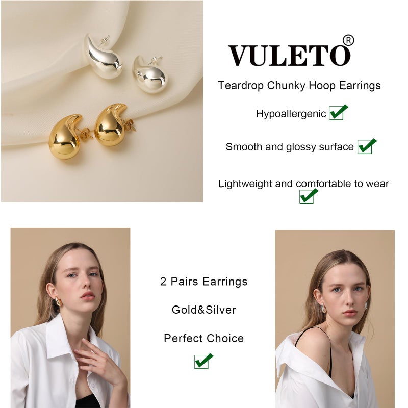 Vuleto 2 Pairs Teardrop Earrings Dupes Set for Women, Lightweight Gold Silver Chunky Hoops Tear Drop Dangle Earrings Hypoallergenic Trendy Fashion Jewelry Gifts - Image 5